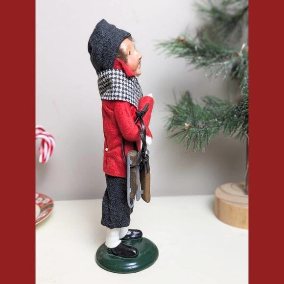 Byers' Choice Caroler 1991 Boy w/Skates Plaid Scarf Red Coat Christmas Holiday - Picture 5 of 7